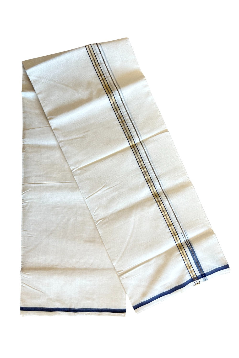 21% DISCOUNT!! KaithariKada HANDLOOM UNAKKUPAAV Balaramapuram - 100% PURE Cotton OFF White (Unbleached) Double Mundu/Dothi - Puliyilakkara kasavu Navy Blue chutty - 21KK403RAM.