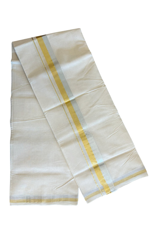 30% DISCOUNT ! KaithariKada HANDLOOM Millpaav Balaramapuram - 100% PURE Cotton Off White - (Unbleached) Double Mundu/Dhoti - 2.25 inch Gold Kasavu & Silver Kasavu Kara - 25KK5105RAM