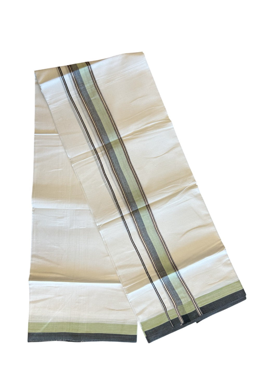 20% DISCOUNT! KaithariKada Balaramapuram 100% Cotton Double PURE white Mundu/Dhoti - 100x80 - 2.5 Inch Silver kasavu Light Green & Black Shaded Kara - 25KK5112PMC