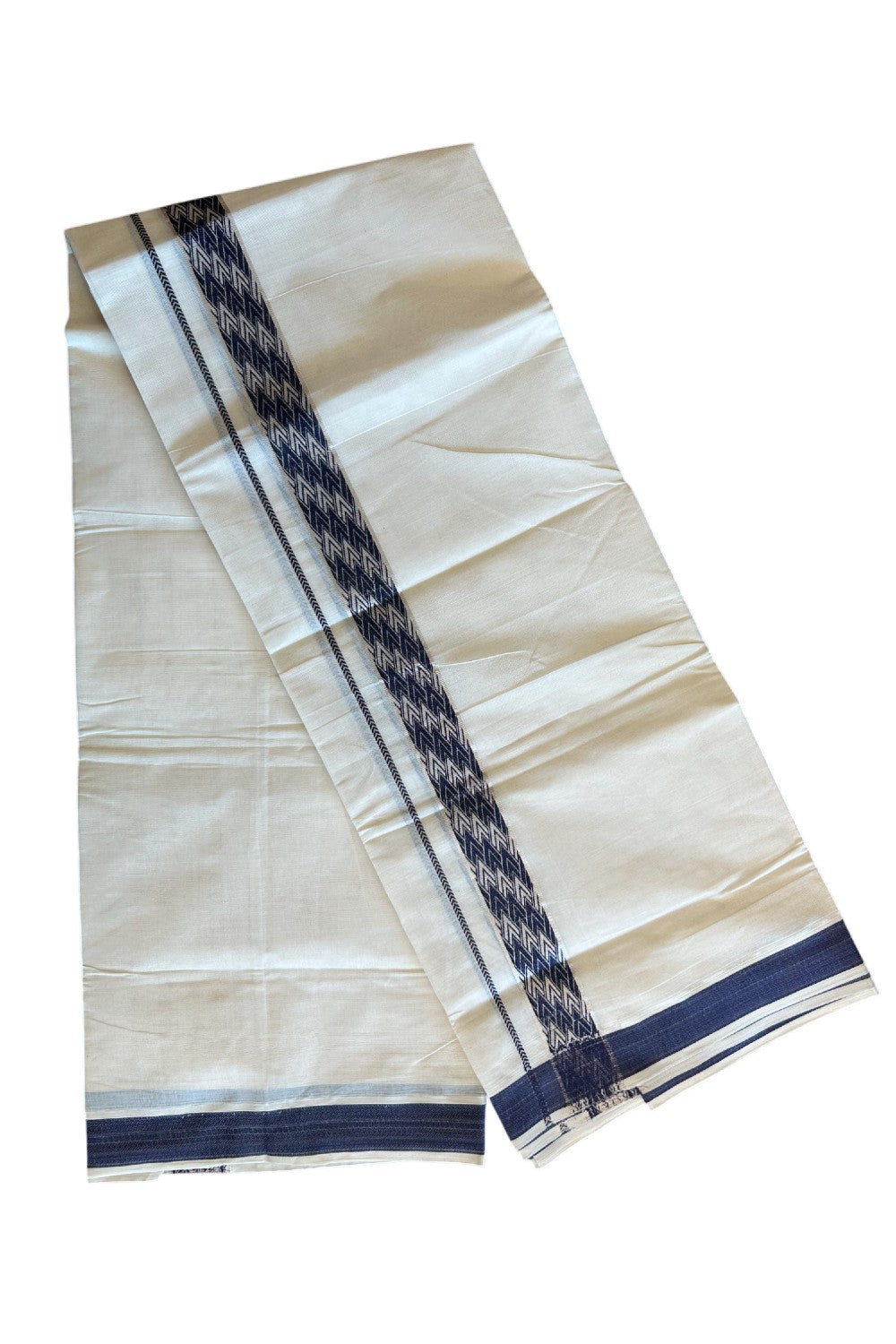 20% DISCOUNT ! KaithariKada Balaramapuram 100%  Cotton Double off white  (Unbleached) Mundu/Dhoti - 100X90 - 2 inch Silver kasavu & Navy Blue design kara - 25KK5113PMC