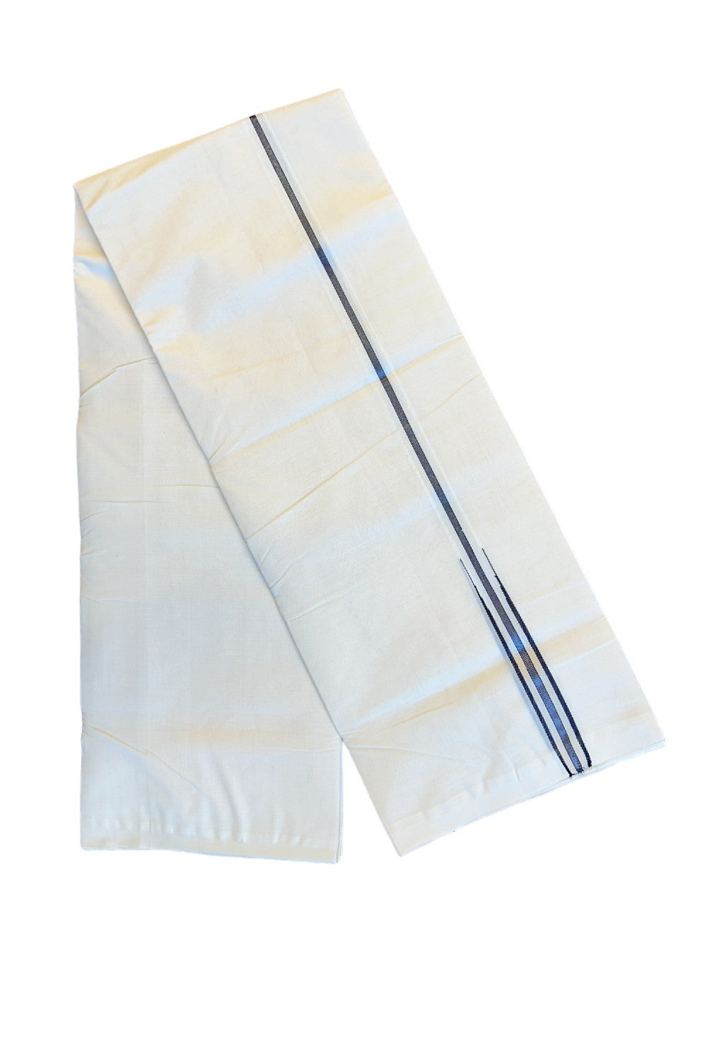 21% DISCOUNT! KaithariKada BALARAMAPURAM HANDLOOM MILLPAAV - 100% PURE Cotton Off white (Unbleached) Double Mundu/Dhoti - Silver black stripes  Black & Cream chutty puliyilakkara - 25KK72RAM