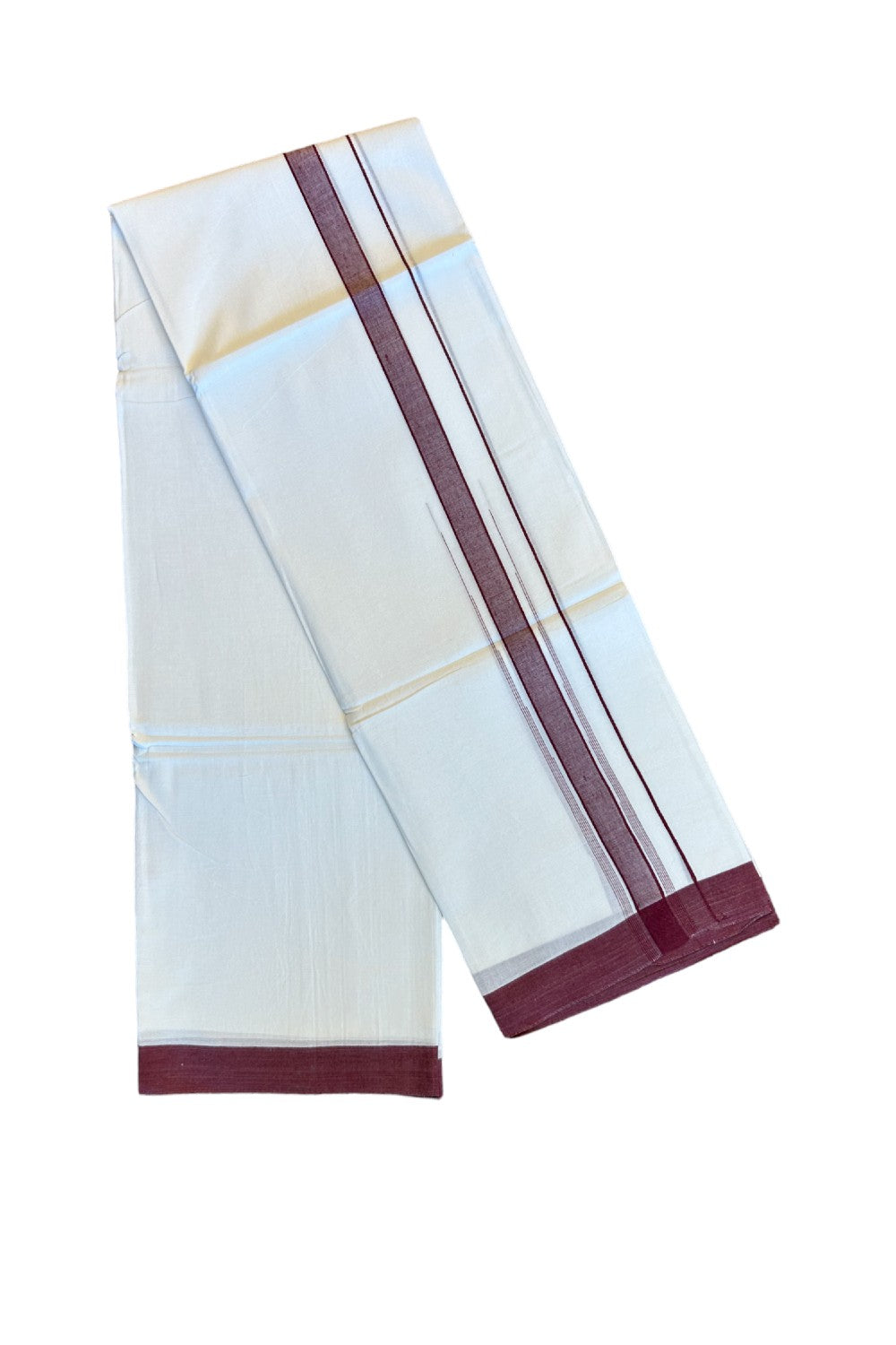 22% DISCOUNT!! Kaitharikada Balaramapuram 100% Cotton Ultra WHITE Double Mundu/Dothi-100x100  2 Inch MAROON Striped Cotton Kara 3.80m- 25KK74RAM