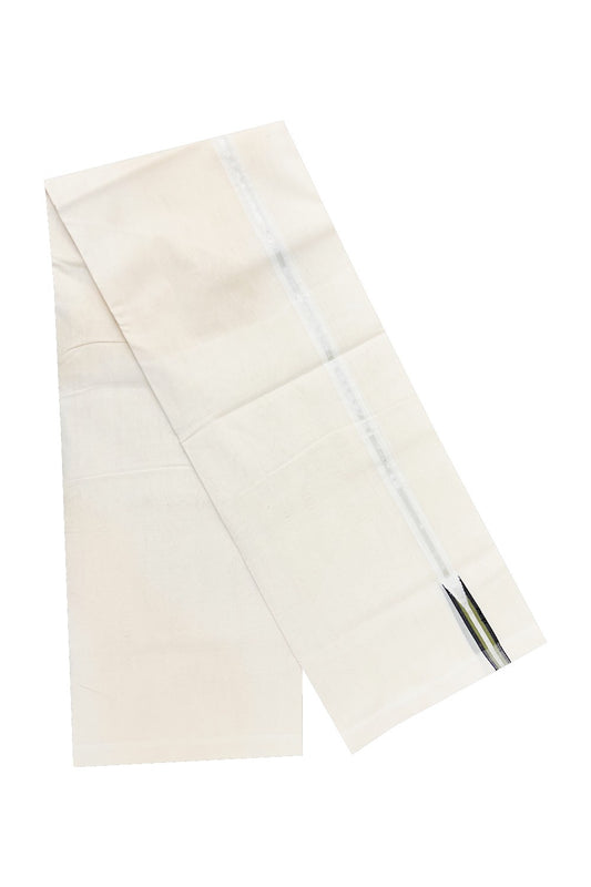 15% DISCOUNT! KaithariKada BALARAMAPURAM HANDLOOM Unakkupaav- 100% PURE Cotton 100x100 Double Mundu/Dhoti OFF WHITE (Unbleached) - PULIYILAKKARA Silver Kasavu & Sage Green+Black  Chutty KARA- 25RAM