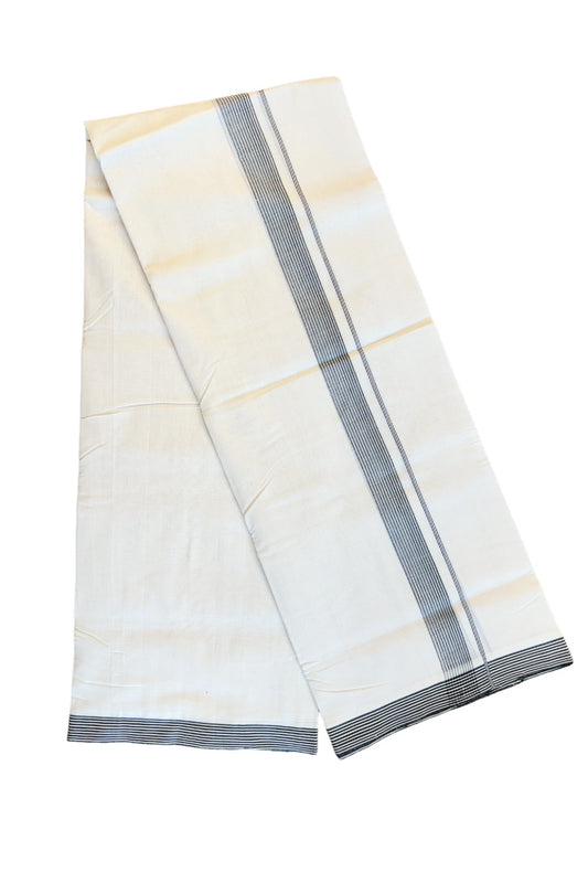 15% DISCOUNT!! KaithariKada HANDLOOM Unakkupaavu Balaramapuram - 100% PURE Cotton OFF White (Unbleached) Double Mundu/Dothi -ASH  BLACK Striped 2 inch Kara- KK46SOM-25.