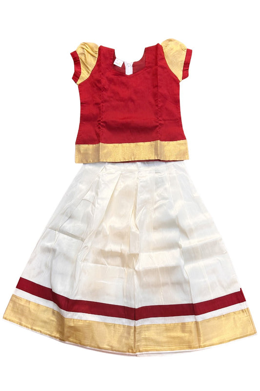 Midukki-Traditional South Indian Kids Pattu Pavada- Maroon top offwhite skirt with kasavu- Age 8 - KK8MID0025