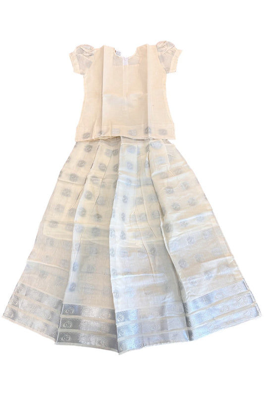 Midukki-Traditional South Indian Kids Pattu Pavada- offwhite top offwhite skirt with silver print- Age 12 - KK12MID0025