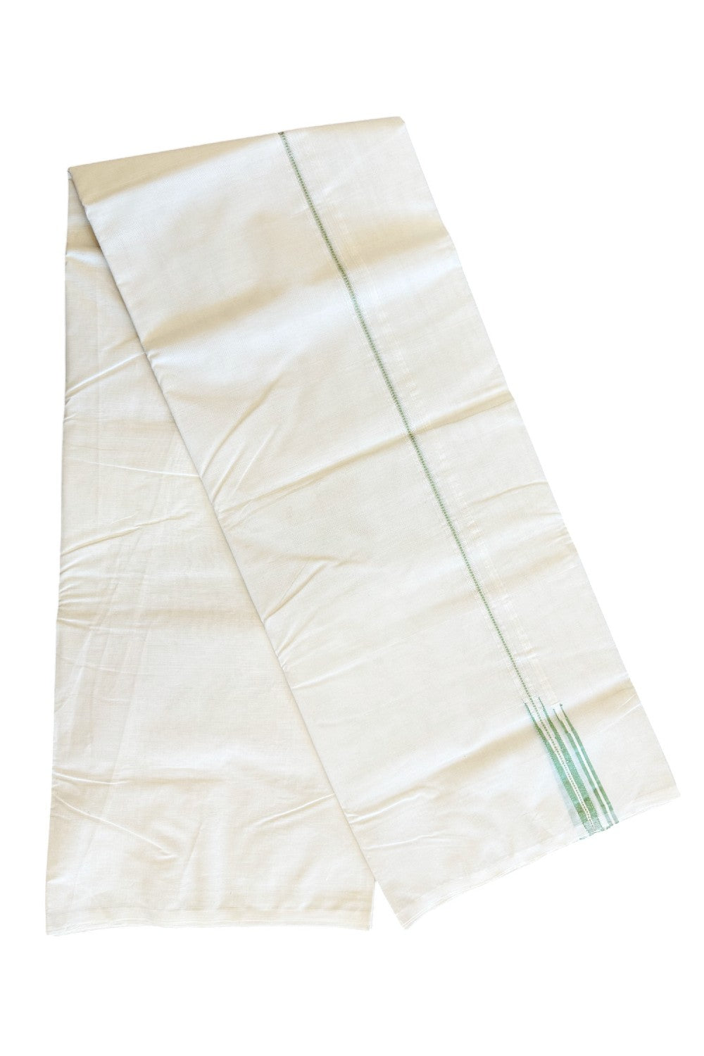 23% Discount !! KaithariKada Balaramapuram 100% Cotton Double Off white - (Unbleached) Mundu/Dhoti-100x100 0.5 inch Puliyilakkara Muthukuri Silver Kasavu & Light Green Double Chutty Kara - 25KK5045ASH