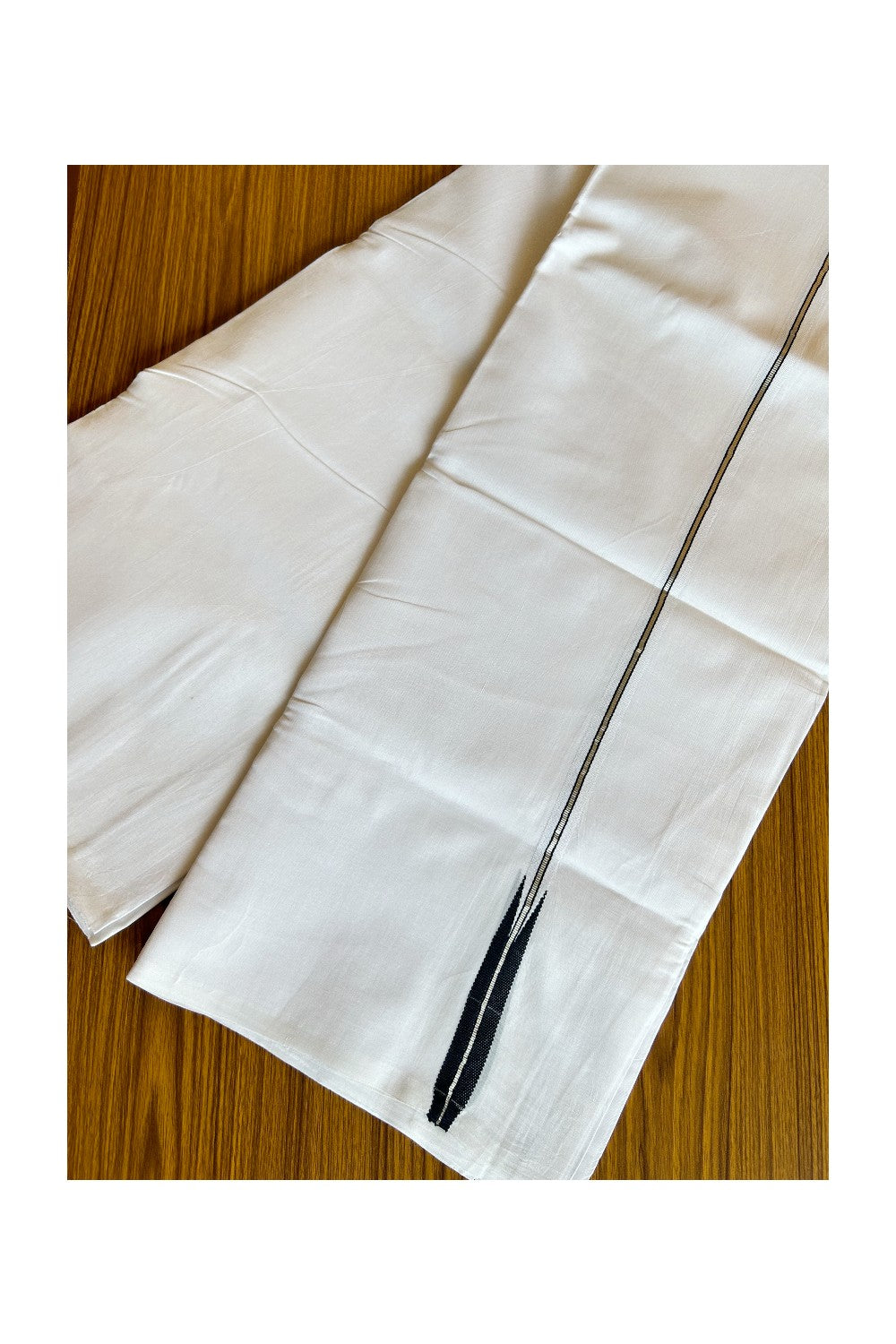 19% DISCOUNT!! KaithariKada Balaramapuram 100% Cotton PURE WHITE Double Mundu/Dhoti-100x100  1.5 cm Puliyilakkara  Silver Kasavu & Black chutty - 25KK412ASH