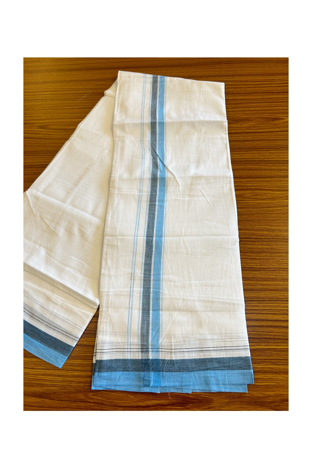 15% DISCOUNT!! Kaitharikada Balaramapuram 100% Cotton Ultra WHITE Double Mundu/Dothi-100x90  2 Inch Sky blue & Black shaded stripes kara - 25KK430VAS