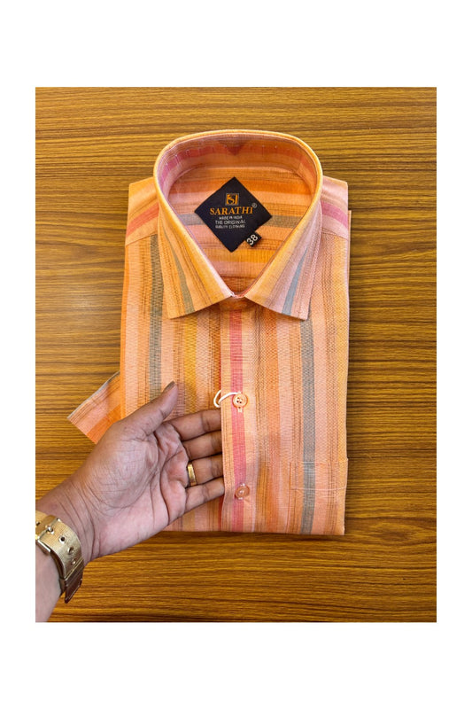 NEW !! Kaitharikada- 100% Pure Cotton Orange & Pink Striped Sarathi The Orginal Quality Clothing HALF Sleeve Shirt.- 25KK444SAR