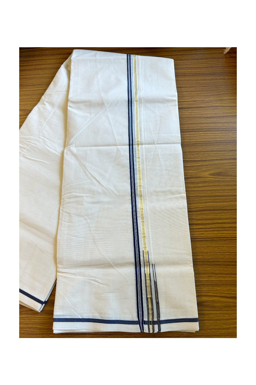 27% Discount Latest!! KaithariKada Balaramapuram 100% Cotton  Off white (Unbleached) Double Mundu/Dhoti-100x100 1.cm  Puliyilakkara Dark Blue Striped kara & Kasavu Double Chutty - 25KK455ASH