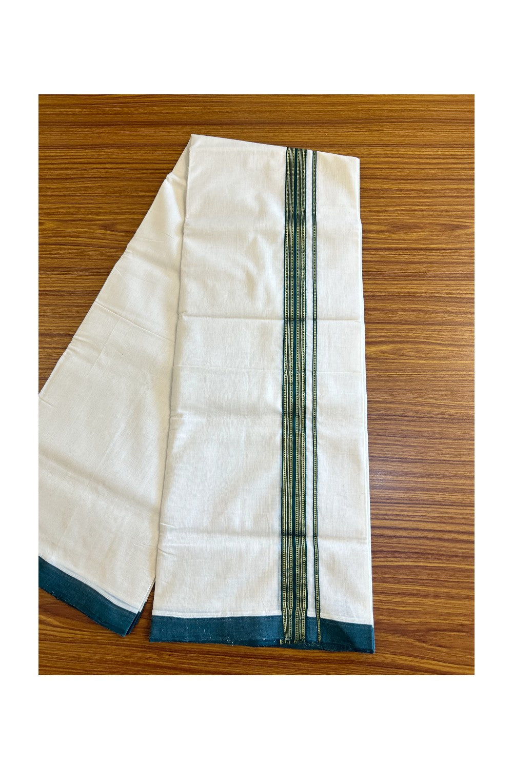 15% Discount!!! KaithariKada HANDLOOM UNAKKUPAAV Balaramapuram - 100% PURE Cotton off white (Unbleached) Double Mundu/Dhoti - 1.75 inch Dark green & kasavu pattern kara - 25KK458SOM