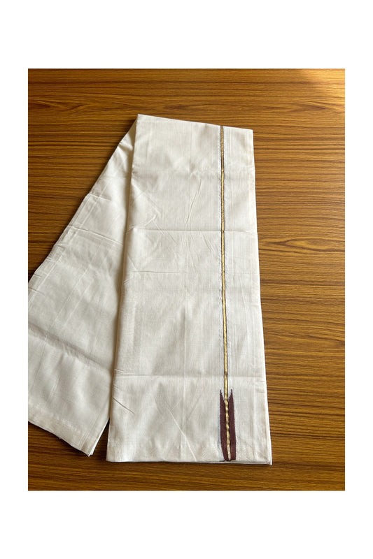 17% DISCOUNT!! KaithariKada HANDLOOM UNAKKUPAAV Balaramapuram - 100% PURE Cotton OFF White - (Unbleached)  Double Mundu/Dothi - 0.75 inch Puliyilakkara Kasavu Brown chutty - 25KK462RAM