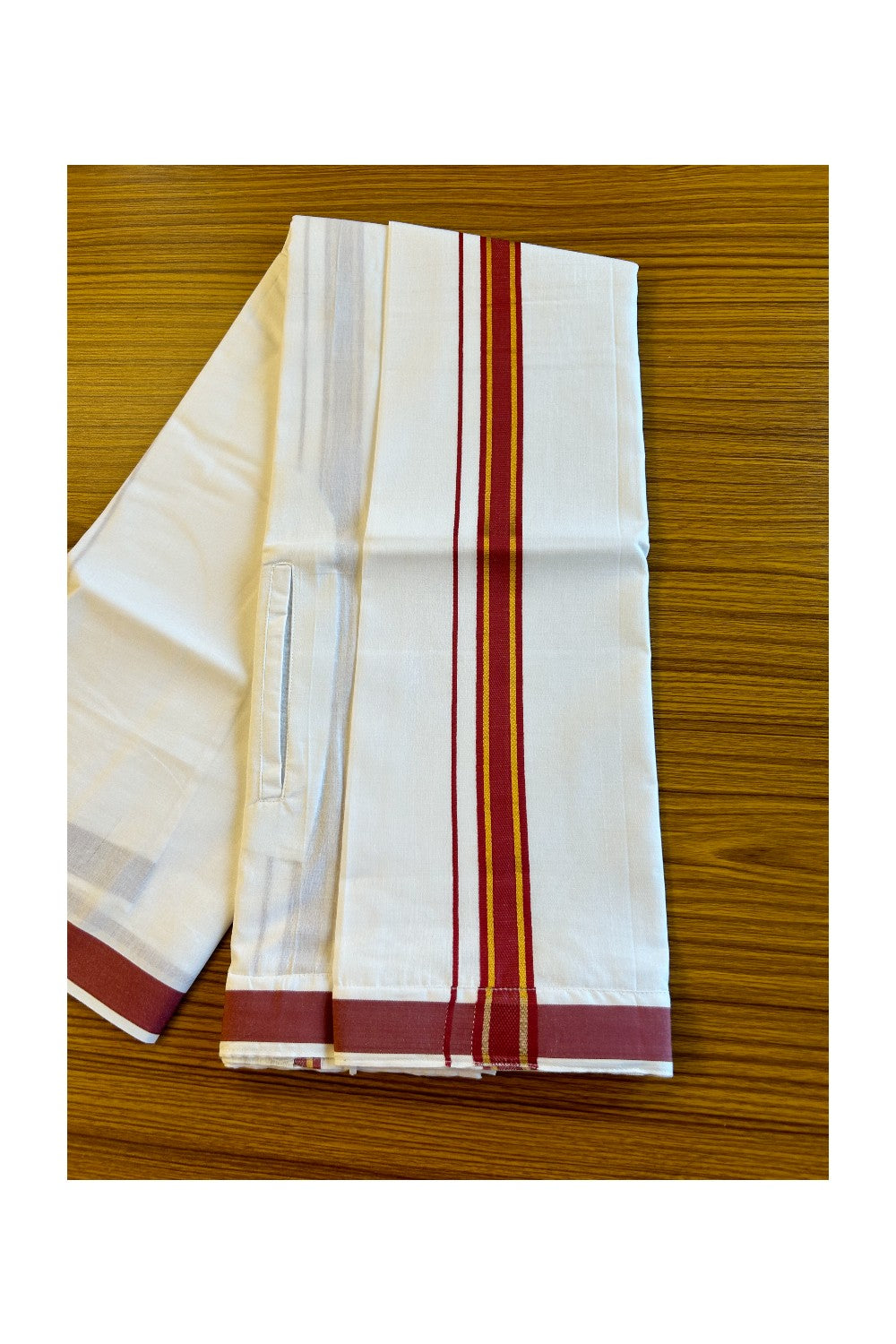 KaithariKada Balaramapuram COTTON SINGLE PURE WHITE VELCRO Mundu/Dhoti - 1.75inch Maroon & Kasavu kara - 25KK485SRI