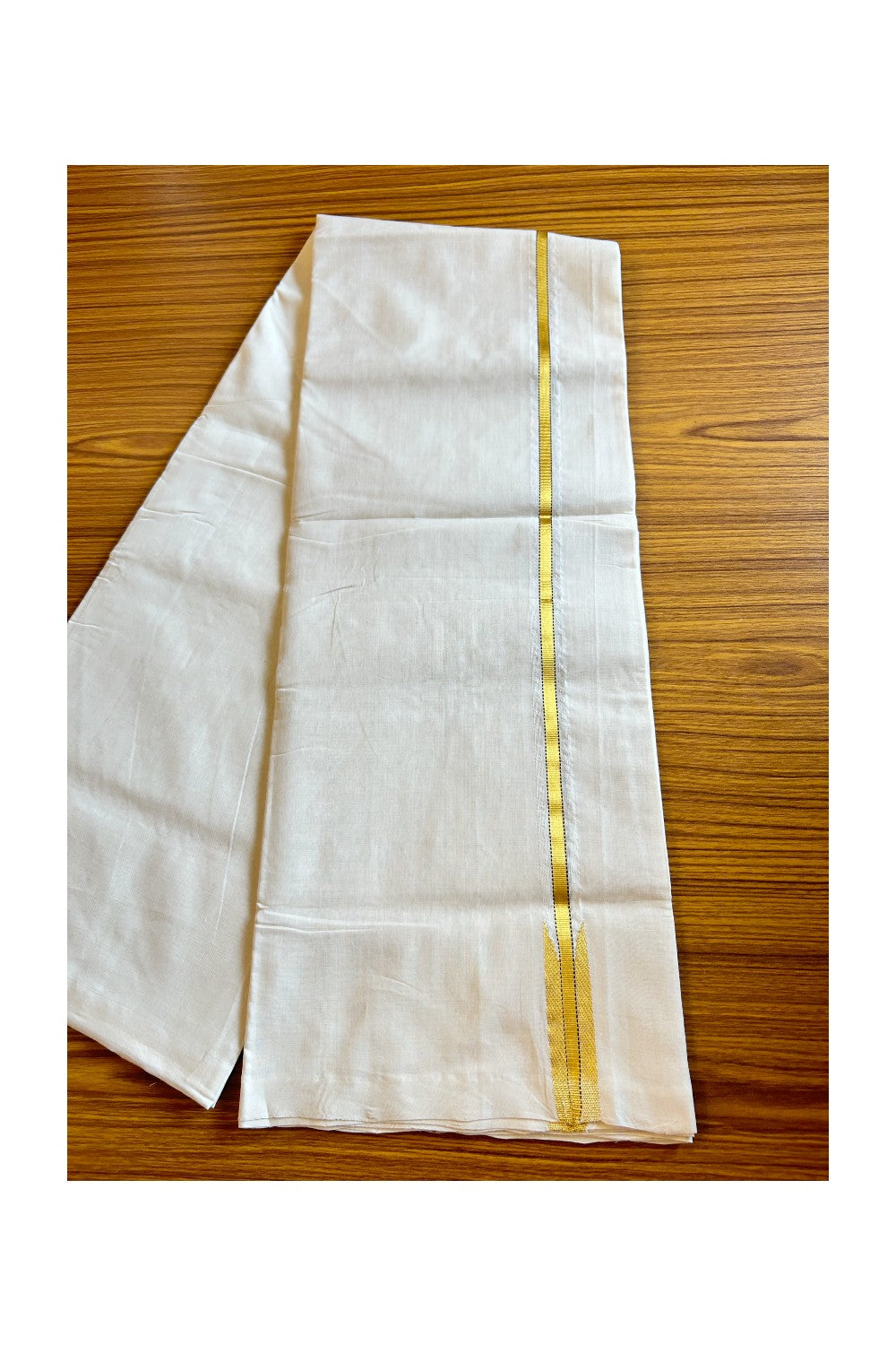 15% DISCOUNT!! KaithariKada HANDLOOM UNAKKUPAAV Balaramapuram - 100% PURE Cotton OFF White - (Unbleached) Double Mundu/Dothi - 1 inch puliyilakkara Brown & Gold Kasavu Chutty - 25KK5011RAM