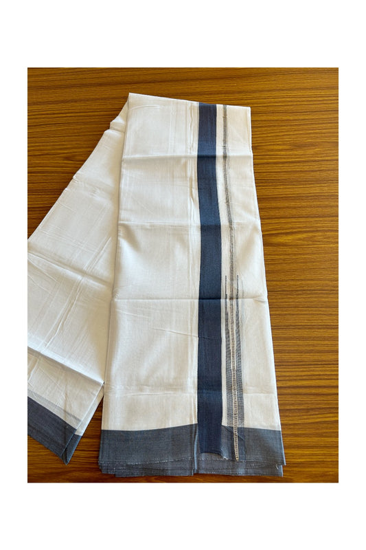 Kaitharikada  Balaramapuram 100% Pure Cotton PURE WHITE Double Mundu/Dothi - 80x92 - 1.5 Inch Blue & Silver Chutty kara - 24K5022VAN