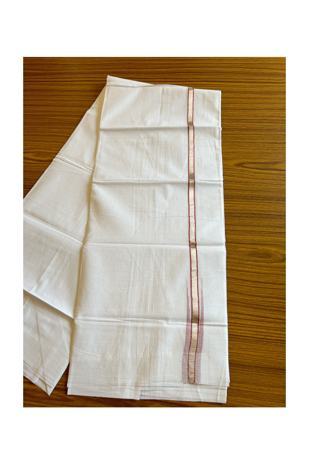 8% Discount ! Kaitharikada Balaramapuram 100% Cotton PURE WHITE Double Mundu/Dothi- 0.5 inch Silver Kasavu & Dark Peach Striped Chutty Kara -25KK5032GAN