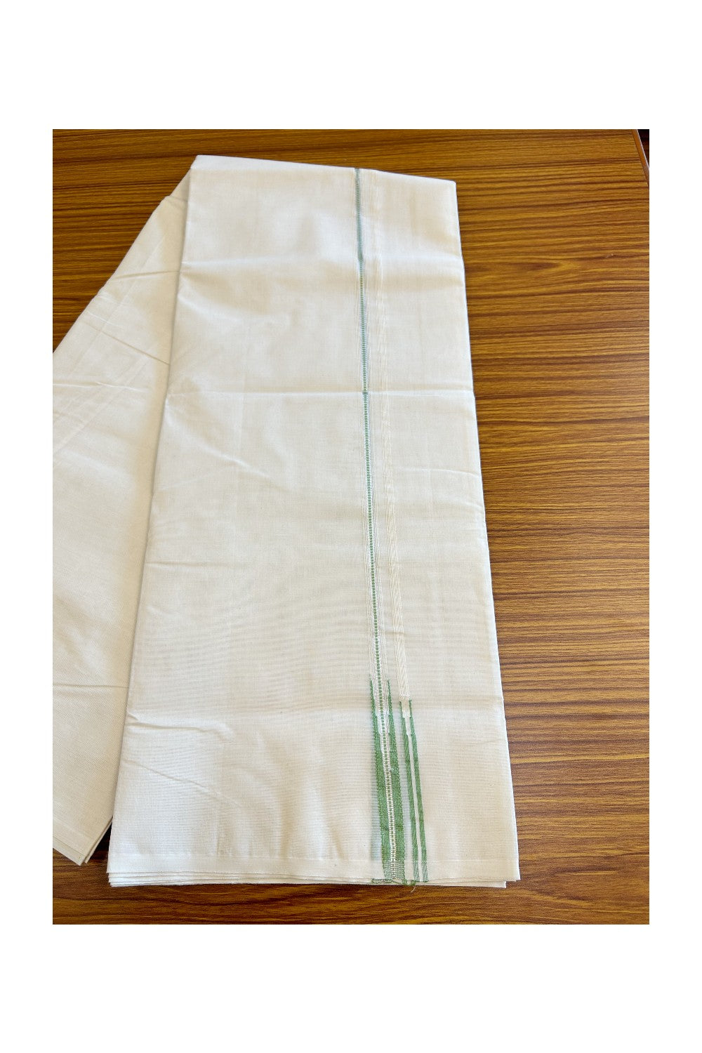 23% Discount !! KaithariKada Balaramapuram 100% Cotton Double Off white - (Unbleached) Mundu/Dhoti-100x100 0.5 inch Puliyilakkara Muthukuri Silver Kasavu & Light Green Double Chutty Kara - 25KK5045ASH