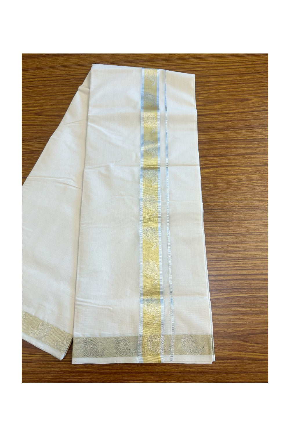 35% DISCOUNT! KaithariKada HANDLOOM Millpaav Balaramapuram - 100% PURE Cotton Off White Double Mundu/Dhoti - 2.25  inch Designer Silver & Gold Peacock Kasavu Kara-30