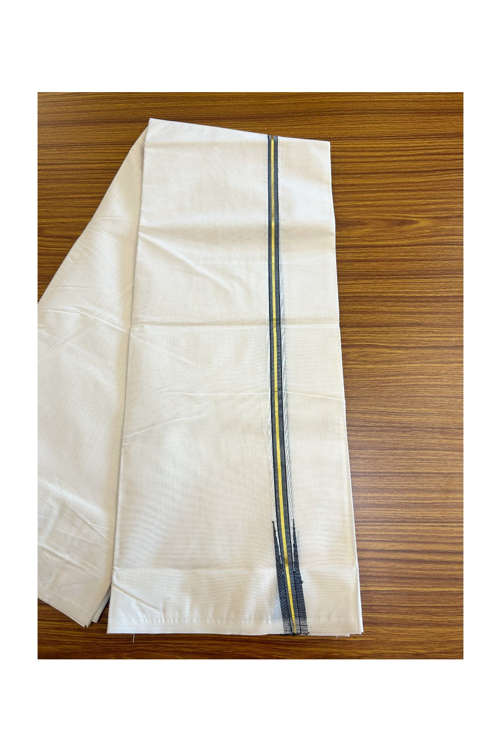 23% DISCOUNT! KaithariKada Balaramapuram 100% Cotton Double Off white - (Unbleached) - Mundu/Dhoti-100x100 - 1.cm Chutty Puliyilakkara Black & Kasavu Kara- Onam Collection - 48