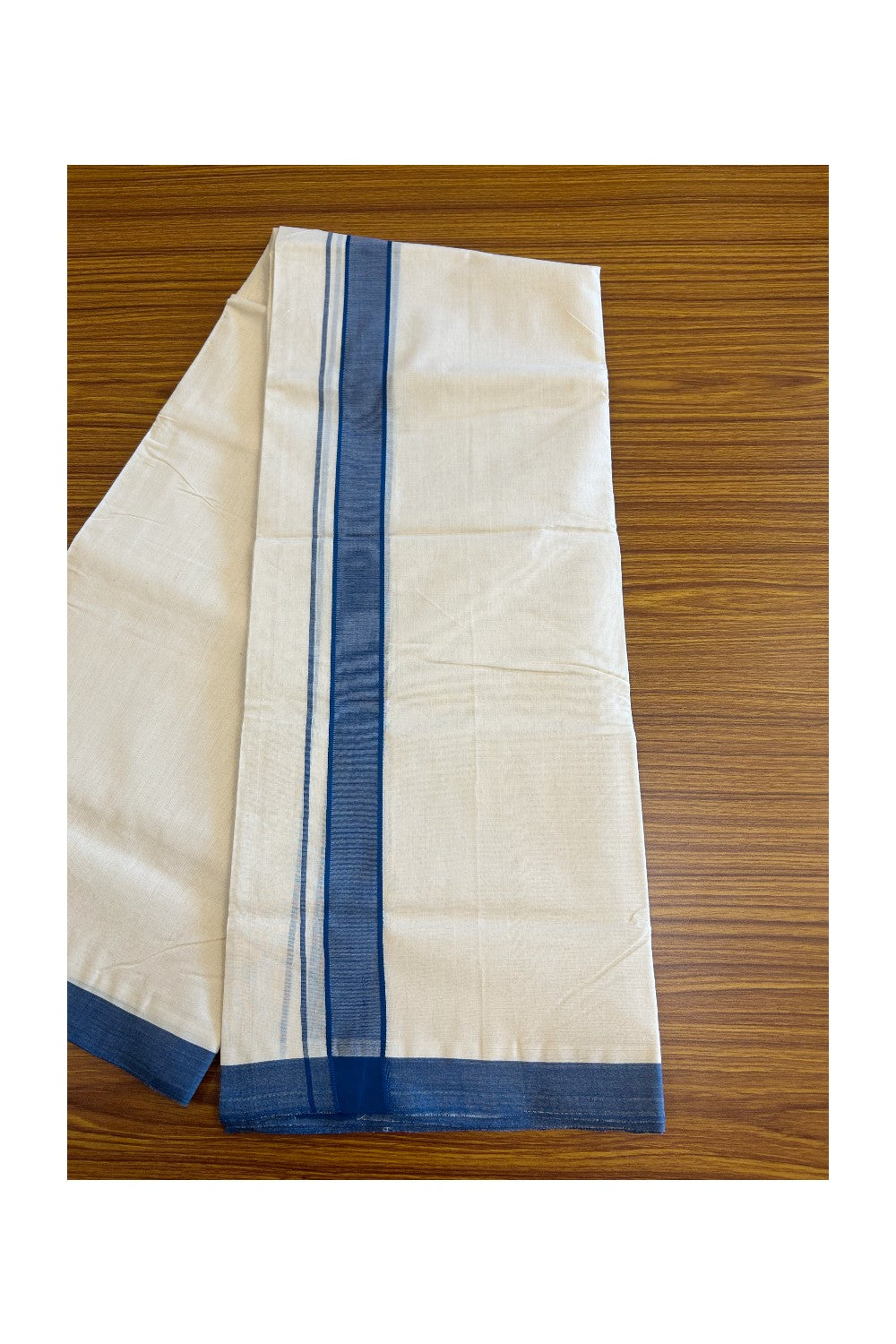 23% DISCOUNT! KaithariKada BALARAMAPURAM HANDLOOM Unakkupaav- 100% PURE Cotton 100x100 Double Mundu/Dhoti OFF WHITE (Unbleached) - Peacock Blue Stripes Kara