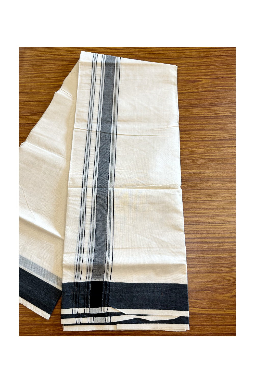 10% DISCOUNT! KaithariKada Balaramapuram 100% Cotton Double Off white (Unbleached) Mundu/Dhoti-100x100 - Black Stripes Kara - 25KK5063KK