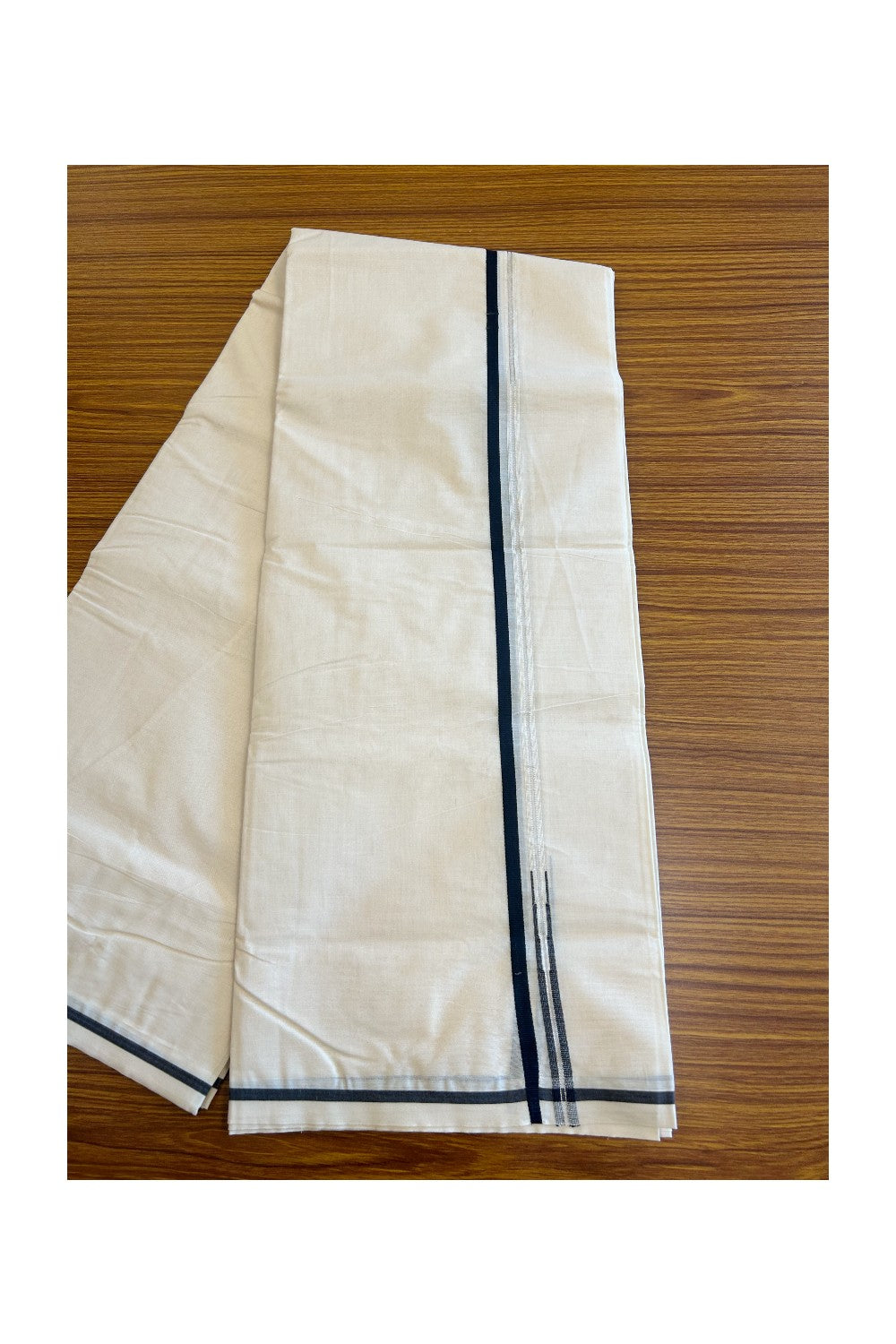 24% OFFER ! KaithariKada Balaramapuram 100% Cotton Double OFF WHITE (Unbleached) - Mundu/Dhoti-100x100  Puliyilakkara Chutty Black & SILVER Kasavu double chutty - 4KK88ASH