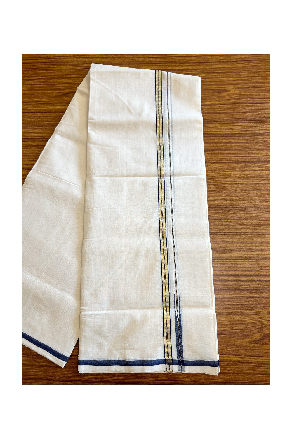 21% DISCOUNT!! KaithariKada HANDLOOM UNAKKUPAAV Balaramapuram - 100% PURE Cotton OFF White (Unbleached) Double Mundu/Dothi - Puliyilakkara kasavu Navy Blue chutty - 21KK403RAM.