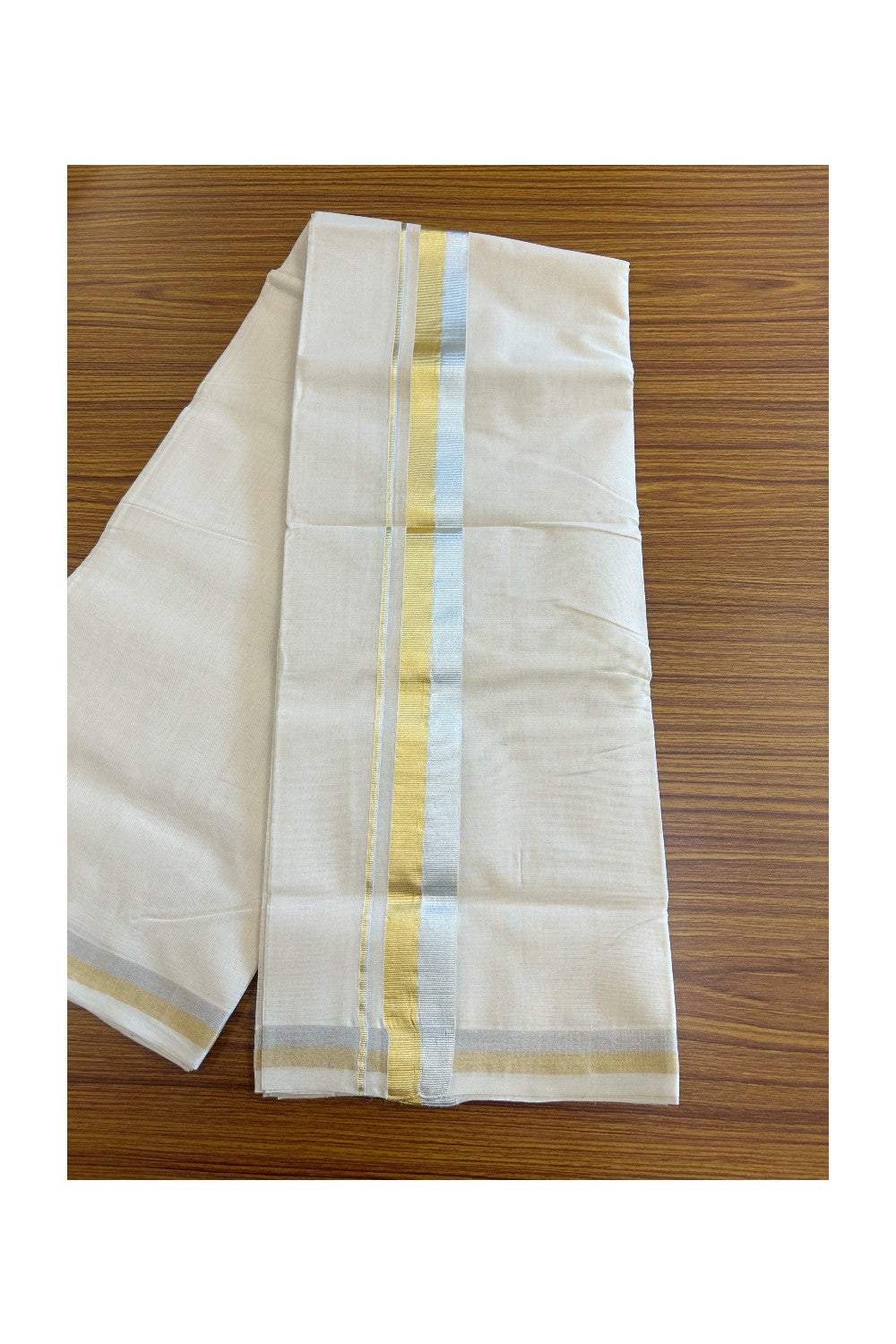 30% DISCOUNT ! KaithariKada HANDLOOM Millpaav Balaramapuram - 100% PURE Cotton Off White - (Unbleached) Double Mundu/Dhoti - 2.25 inch Gold Kasavu & Silver Kasavu Kara - 25KK5105RAM