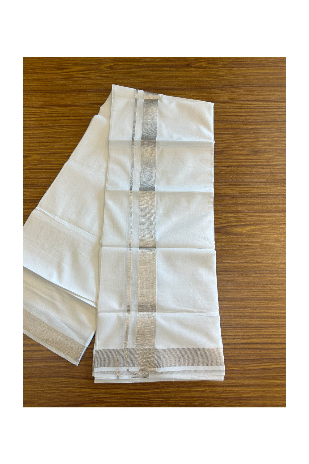 13% DISCOUNT! KaithariKada Balaramapuram 100% Cotton Double PURE white Mundu/Dhoti-100x100  2 inch Silver Kasavu Kara - 25KK5108GAN