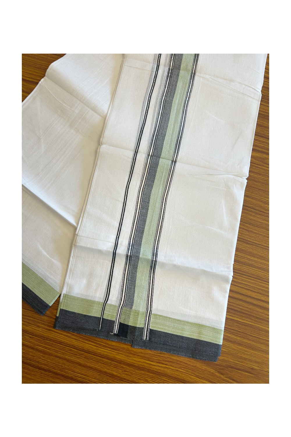 20% DISCOUNT! KaithariKada Balaramapuram 100% Cotton Double PURE white Mundu/Dhoti - 100x80 - 2.5 Inch Silver kasavu Light Green & Black Shaded Kara - 25KK5112PMC