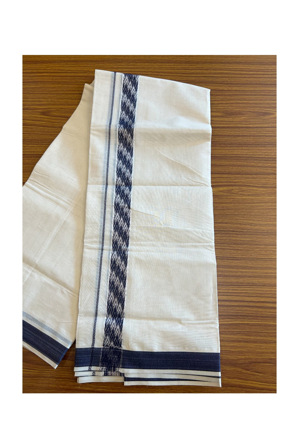 20% DISCOUNT ! KaithariKada Balaramapuram 100%  Cotton Double off white  (Unbleached) Mundu/Dhoti - 100X90 - 2 inch Silver kasavu & Navy Blue design kara - 25KK5113PMC