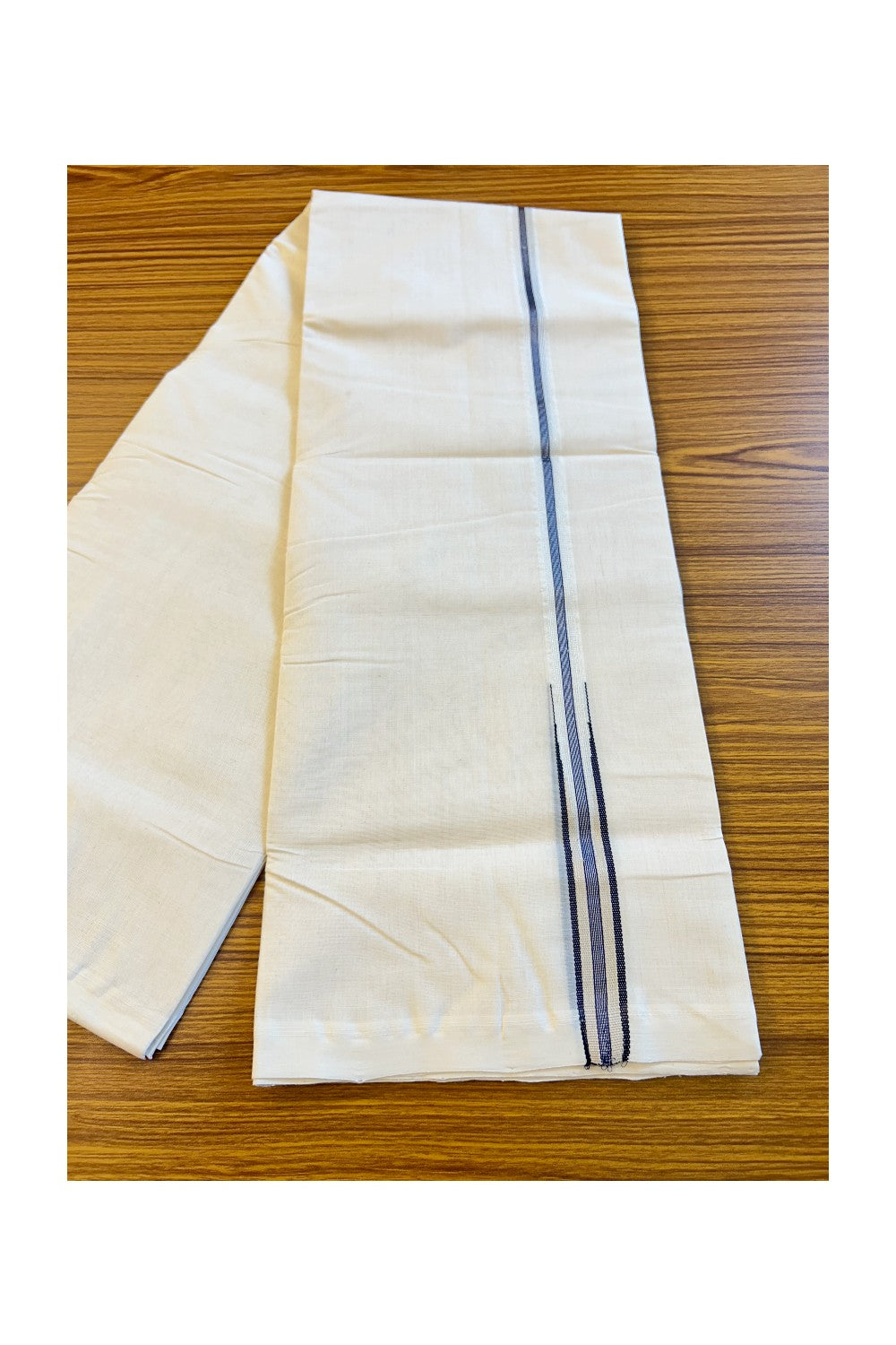 21% DISCOUNT! KaithariKada BALARAMAPURAM HANDLOOM MILLPAAV - 100% PURE Cotton Off white (Unbleached) Double Mundu/Dhoti - Silver black stripes  Black & Cream chutty puliyilakkara - 25KK72RAM