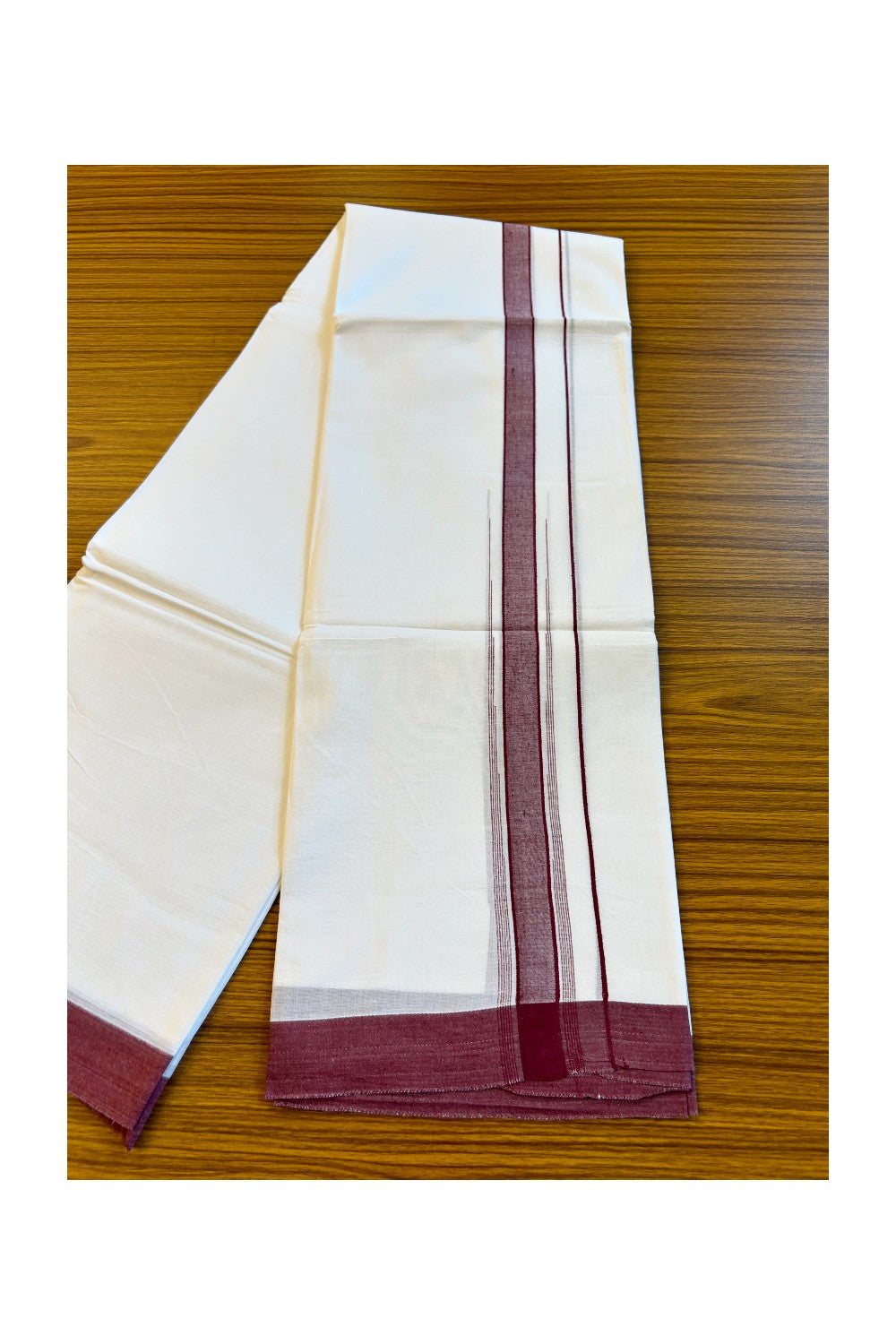 22% DISCOUNT!! Kaitharikada Balaramapuram 100% Cotton Ultra WHITE Double Mundu/Dothi-100x100  2 Inch MAROON Striped Cotton Kara 3.80m- 25KK74RAM