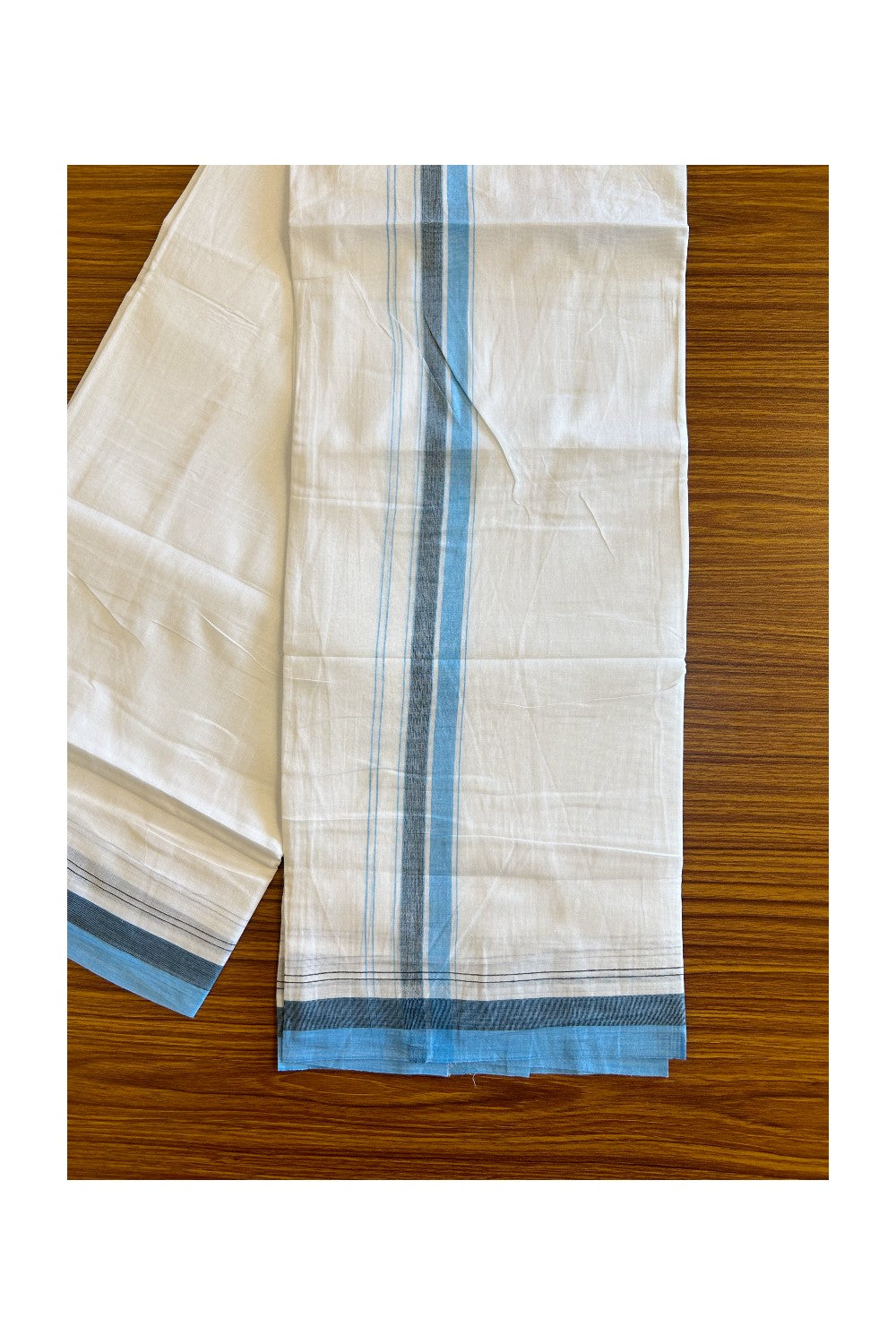 15% DISCOUNT!! Kaitharikada Balaramapuram 100% Cotton Ultra WHITE Double Mundu/Dothi-100x90  2 Inch Sky blue & Black shaded stripes kara - 25KK430VAS