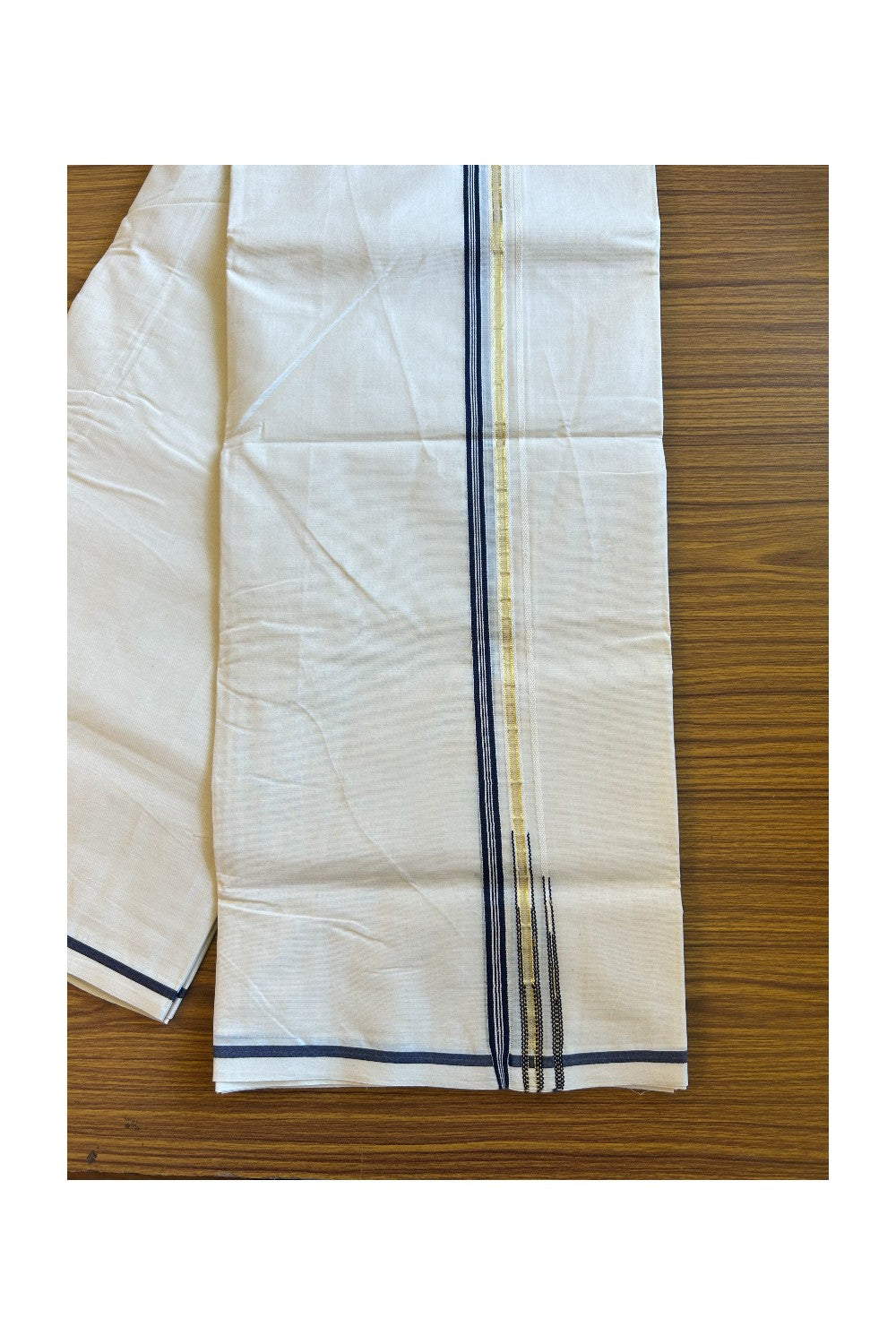 27% Discount Latest!! KaithariKada Balaramapuram 100% Cotton  Off white (Unbleached) Double Mundu/Dhoti-100x100 1.cm  Puliyilakkara Dark Blue Striped kara & Kasavu Double Chutty - 25KK455ASH