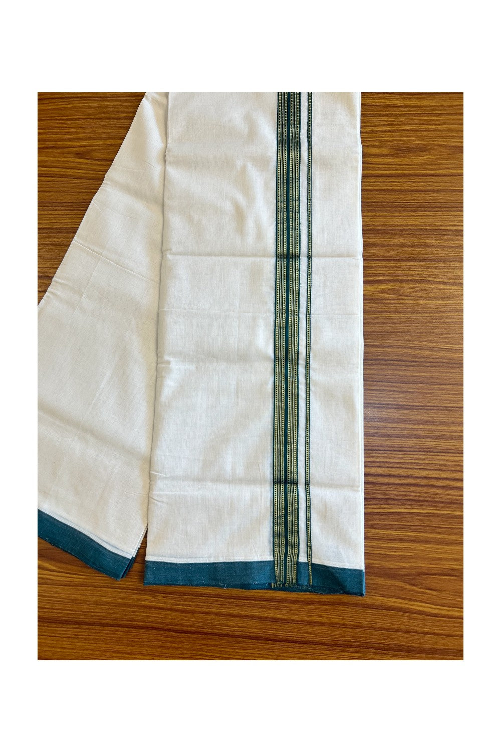 15% Discount!!! KaithariKada HANDLOOM UNAKKUPAAV Balaramapuram - 100% PURE Cotton off white (Unbleached) Double Mundu/Dhoti - 1.75 inch Dark green & kasavu pattern kara - 25KK458SOM