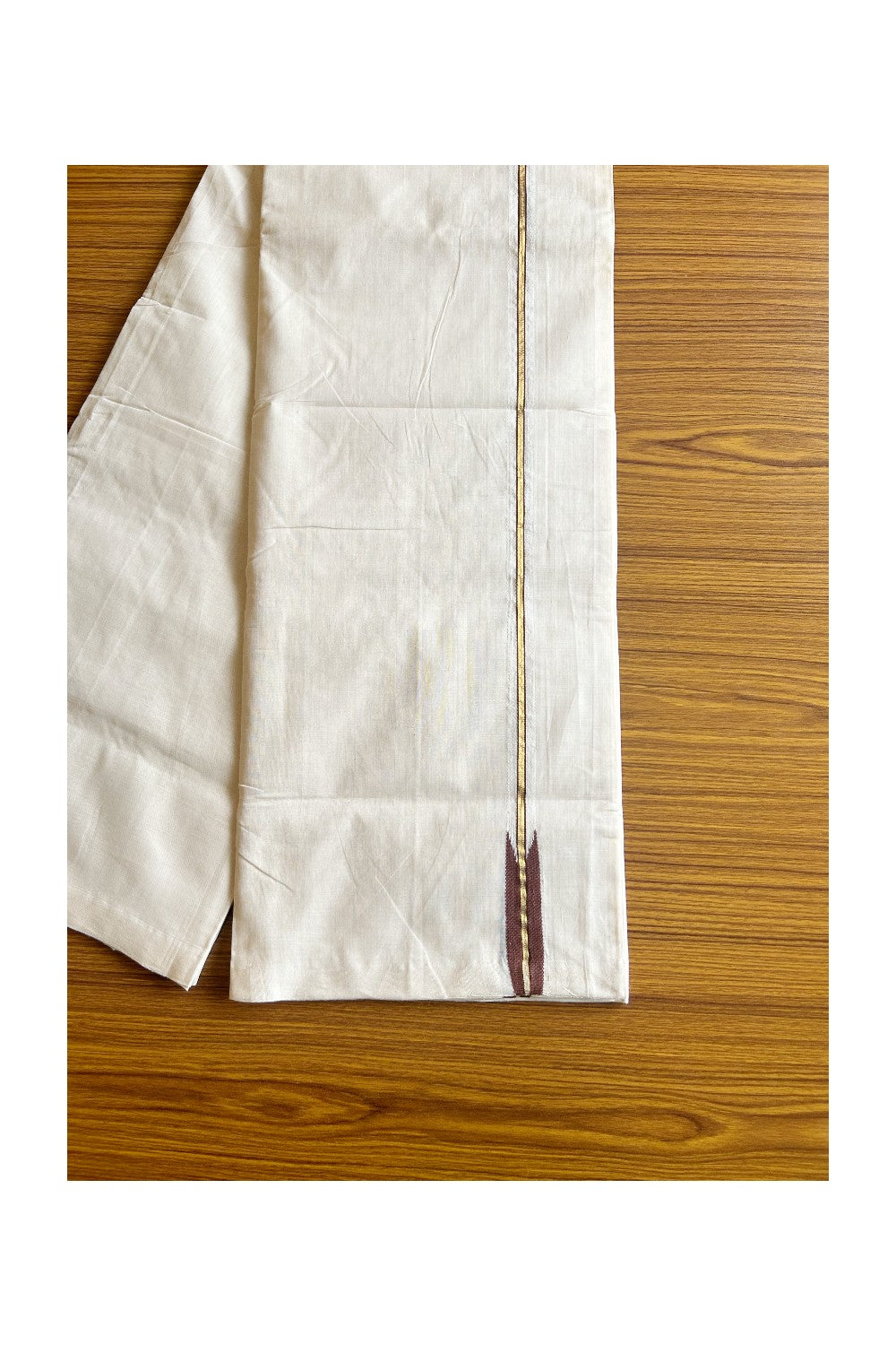 17% DISCOUNT!! KaithariKada HANDLOOM UNAKKUPAAV Balaramapuram - 100% PURE Cotton OFF White - (Unbleached)  Double Mundu/Dothi - 0.75 inch Puliyilakkara Kasavu Brown chutty - 25KK462RAM