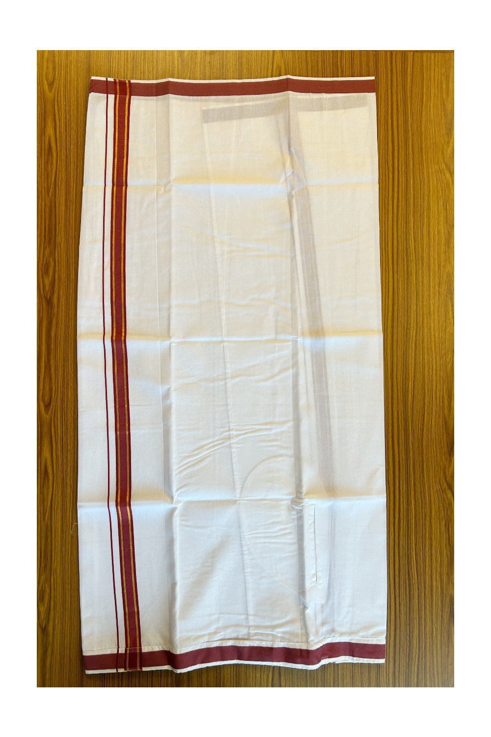 KaithariKada Balaramapuram COTTON SINGLE PURE WHITE VELCRO Mundu/Dhoti - 1.75inch Maroon & Kasavu kara - 25KK485SRI