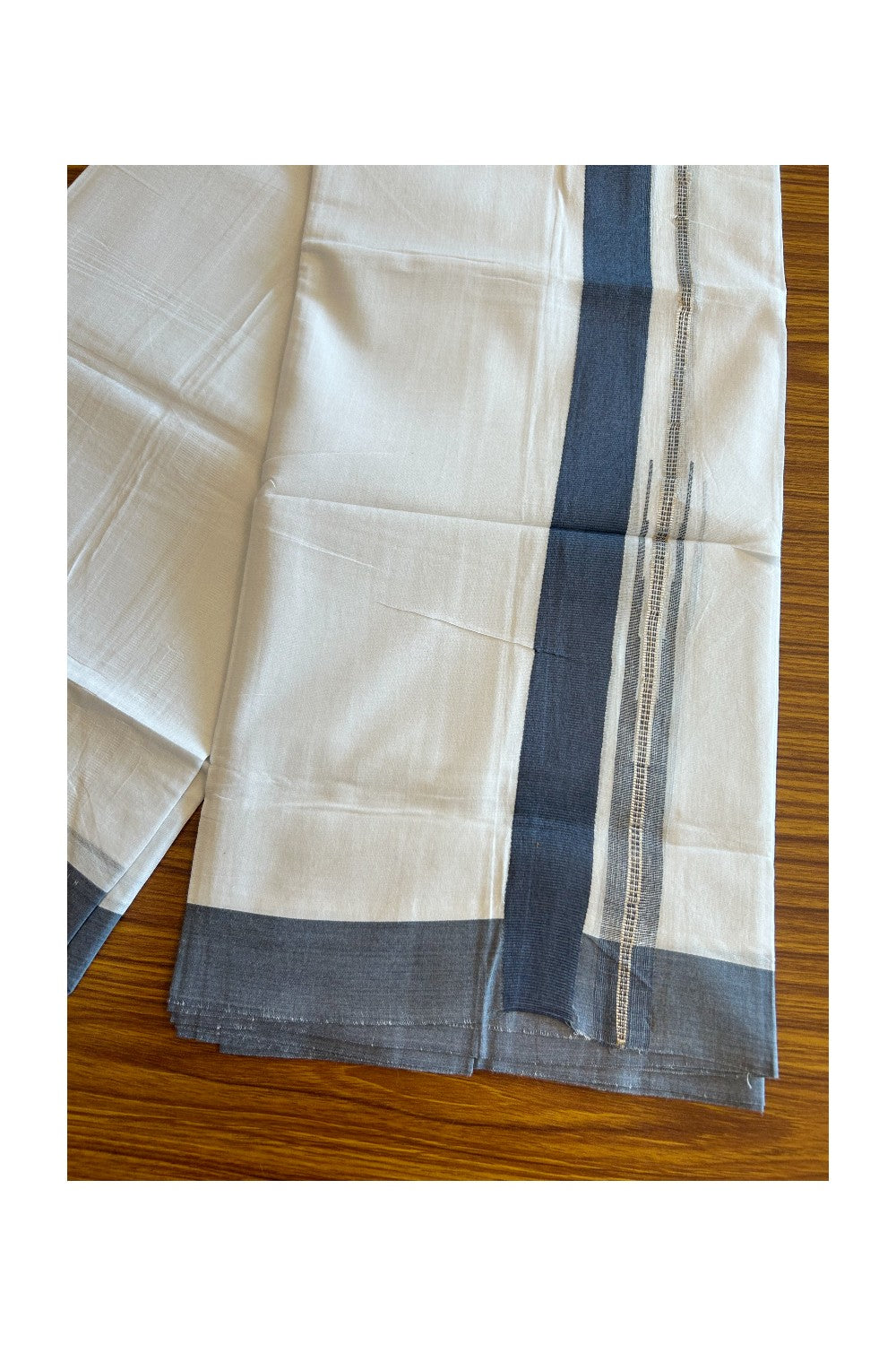 Kaitharikada  Balaramapuram 100% Pure Cotton PURE WHITE Double Mundu/Dothi - 80x92 - 1.5 Inch Blue & Silver Chutty kara - 24K5022VAN