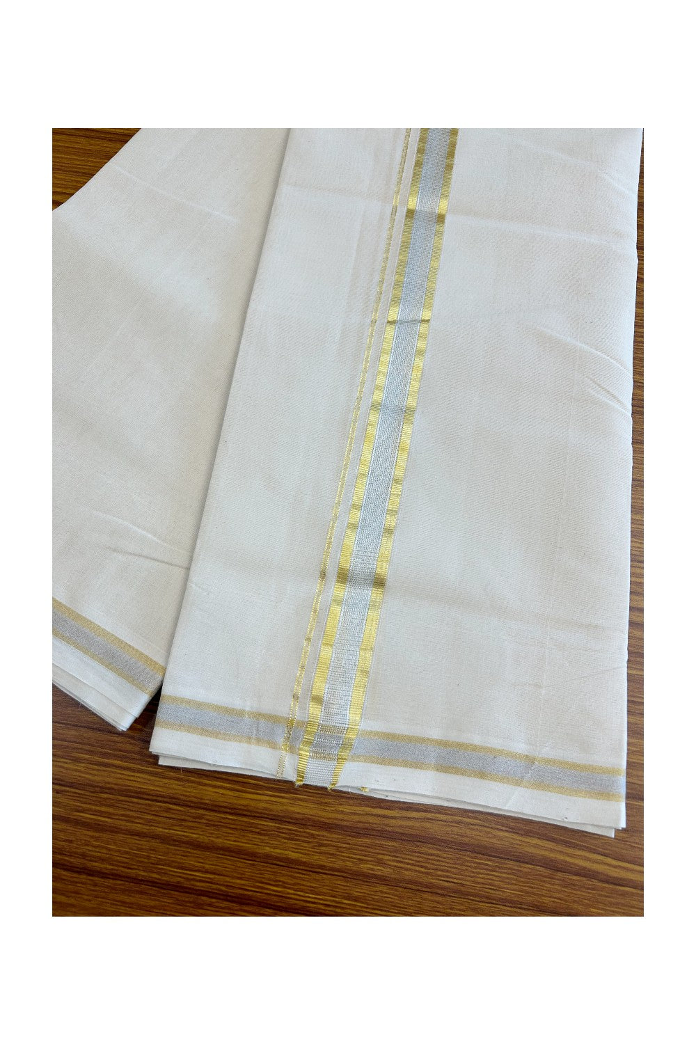 8% DISCOUNT ! KaithariKada HANDLOOM Millpaav Balaramapuram - 100% PURE Cotton Off White - (Unbleached) Double Mundu/Dhoti - 1.5 inch Gold Kasavu & Silver stripes Kara- 25KK5029RAM