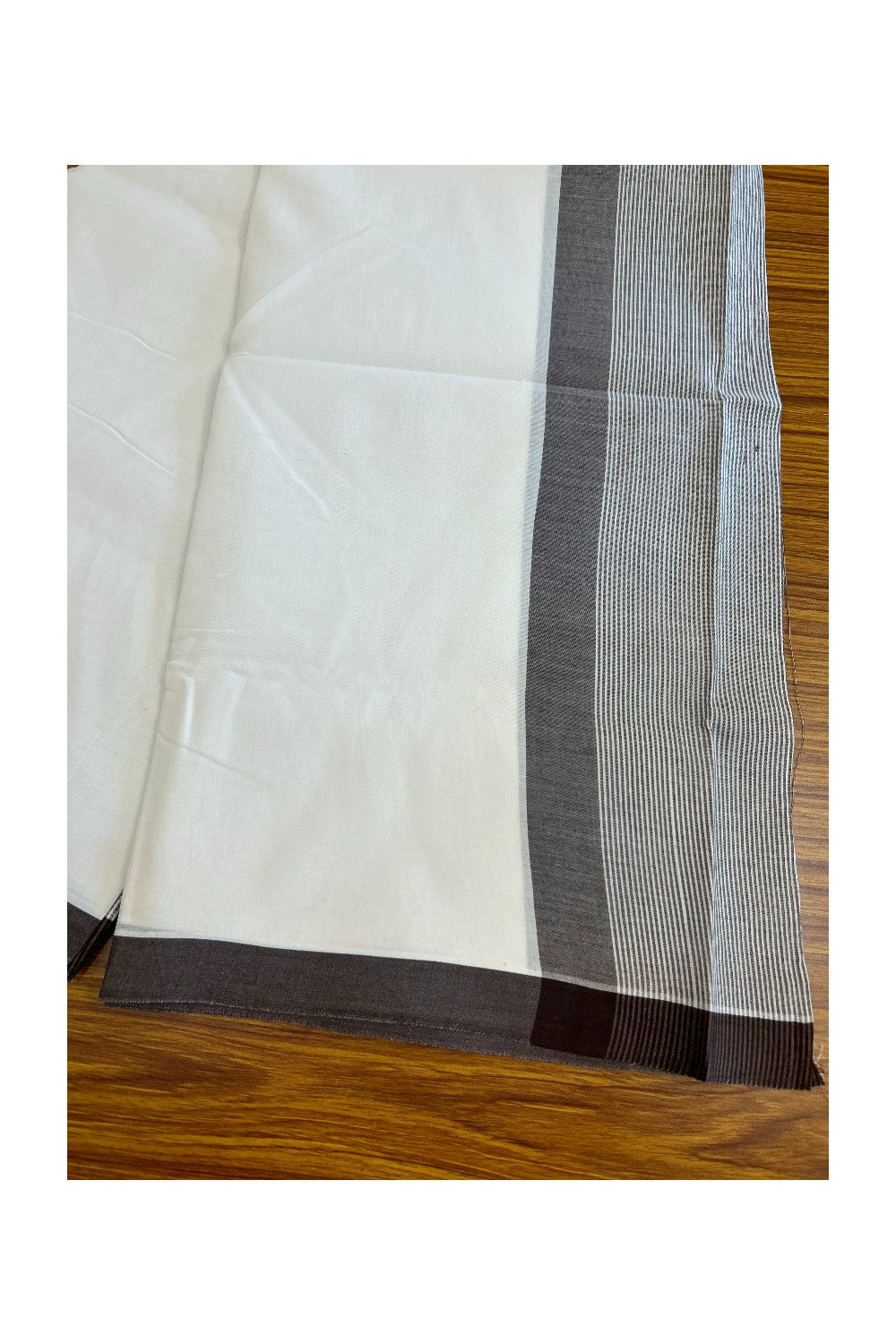 30% DISCOUNT!! KaithariKada Balaramapuram 100% Cotton PURE WHITE Double Mundu/Dhoti-100x100 - 5 inch  Brown & white striped kara - 25KK5043ASH