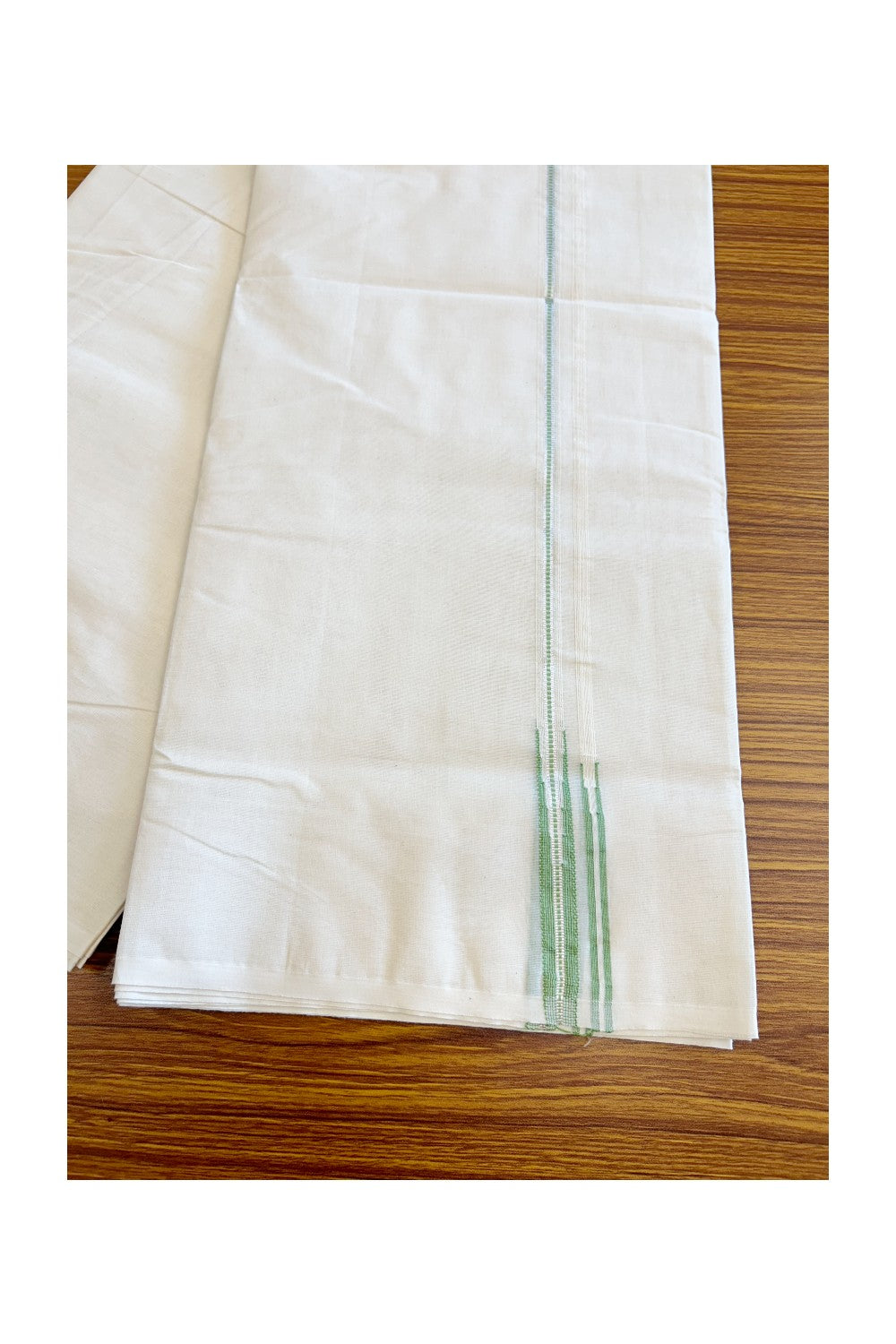 23% Discount !! KaithariKada Balaramapuram 100% Cotton Double Off white - (Unbleached) Mundu/Dhoti-100x100 0.5 inch Puliyilakkara Muthukuri Silver Kasavu & Light Green Double Chutty Kara - 25KK5045ASH