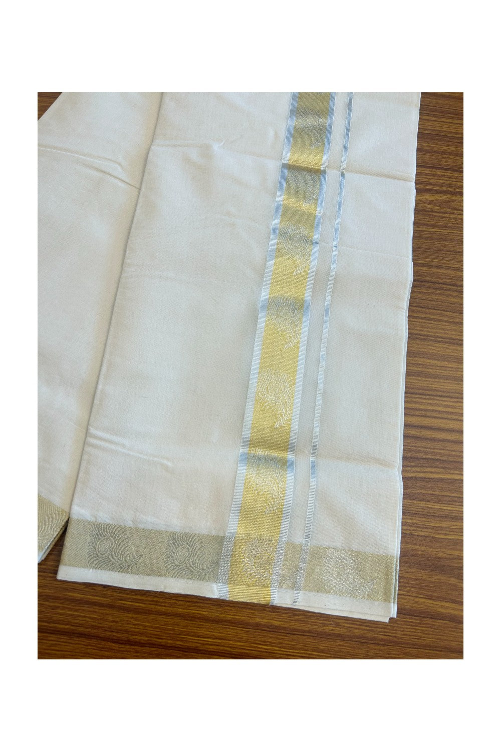 35% DISCOUNT! KaithariKada HANDLOOM Millpaav Balaramapuram - 100% PURE Cotton Off White Double Mundu/Dhoti - 2.25  inch Designer Silver & Gold Peacock Kasavu Kara-30