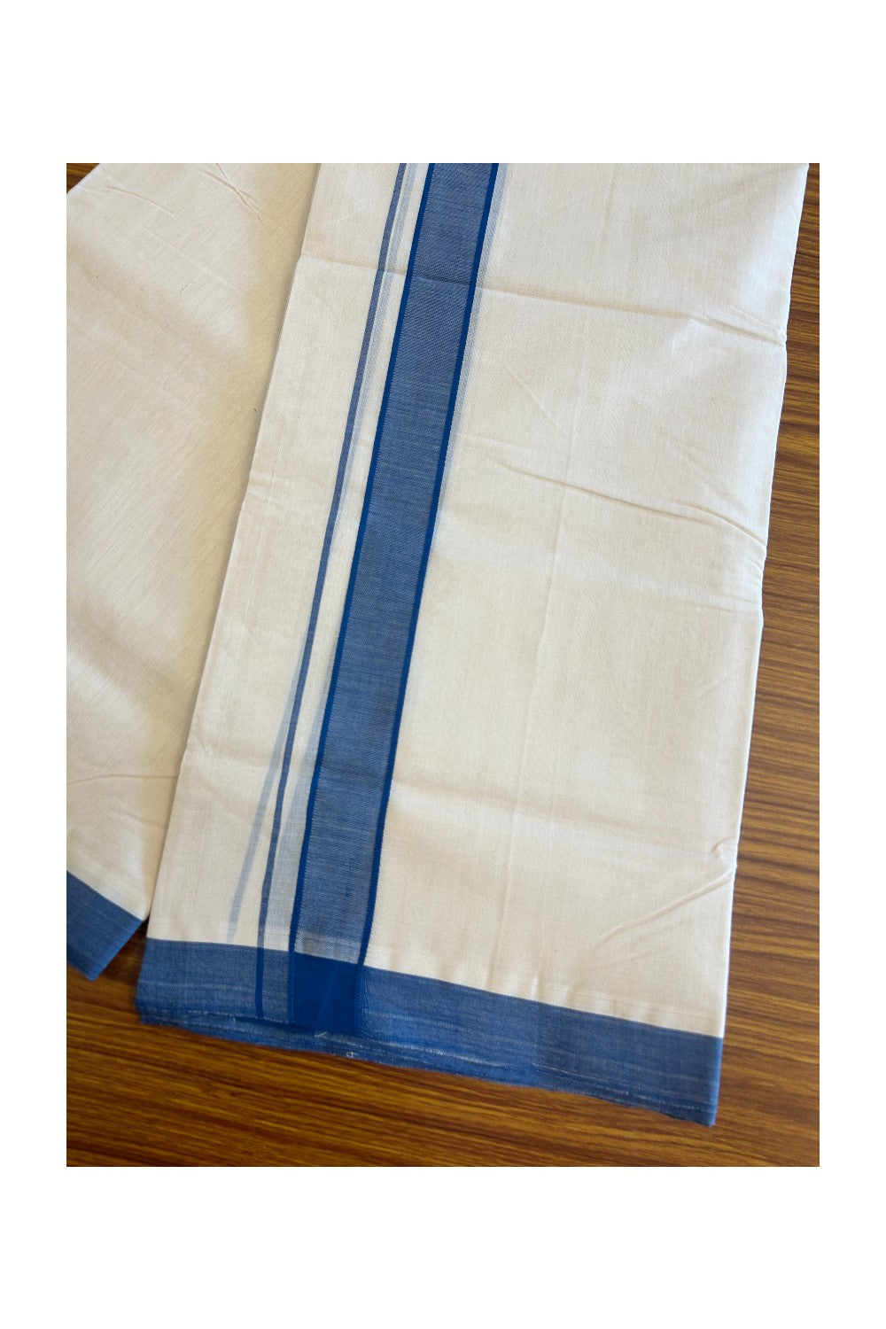 23% DISCOUNT! KaithariKada BALARAMAPURAM HANDLOOM Unakkupaav- 100% PURE Cotton 100x100 Double Mundu/Dhoti OFF WHITE (Unbleached) - Peacock Blue Stripes Kara