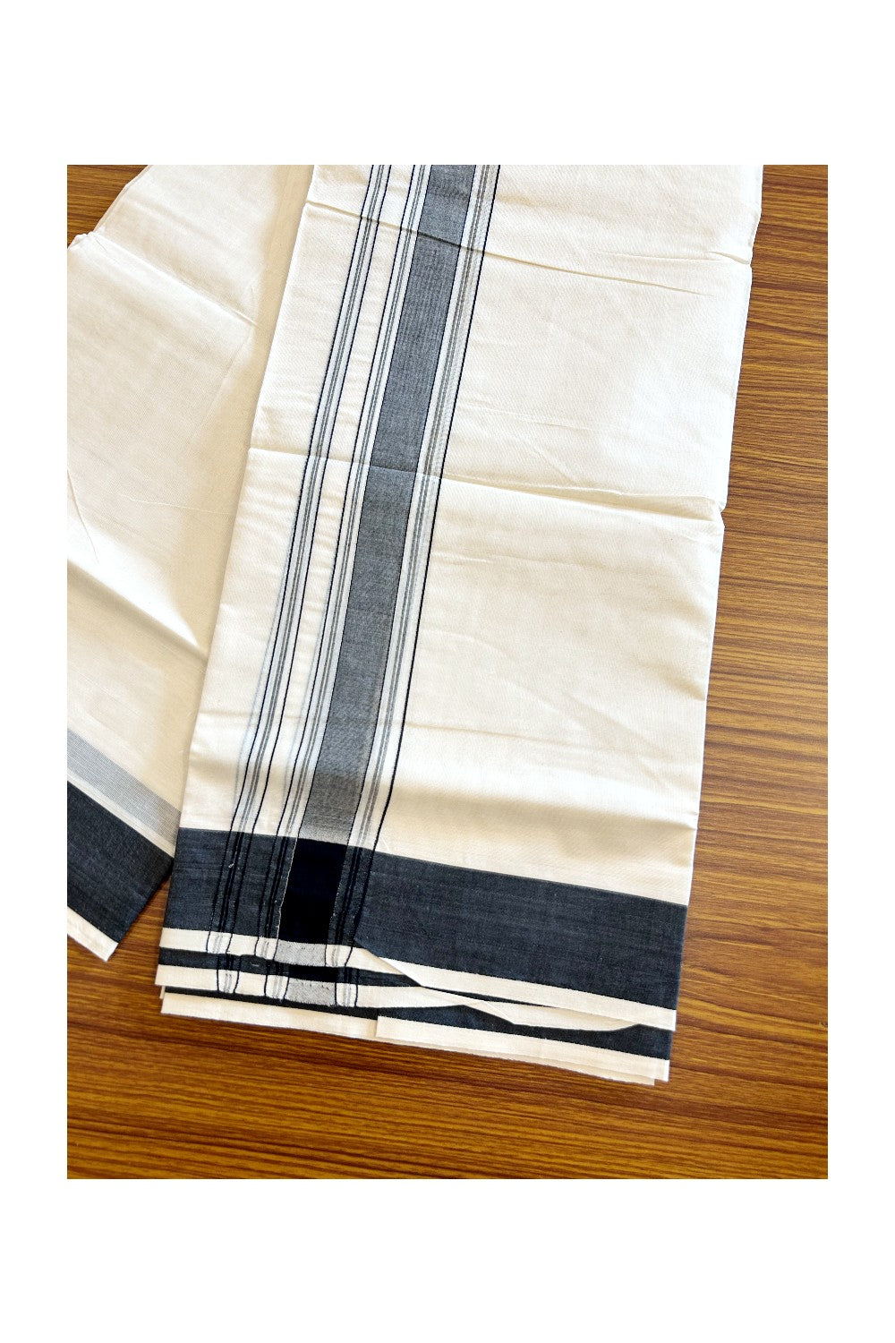 10% DISCOUNT! KaithariKada Balaramapuram 100% Cotton Double Off white (Unbleached) Mundu/Dhoti-100x100 - Black Stripes Kara - 25KK5063KK