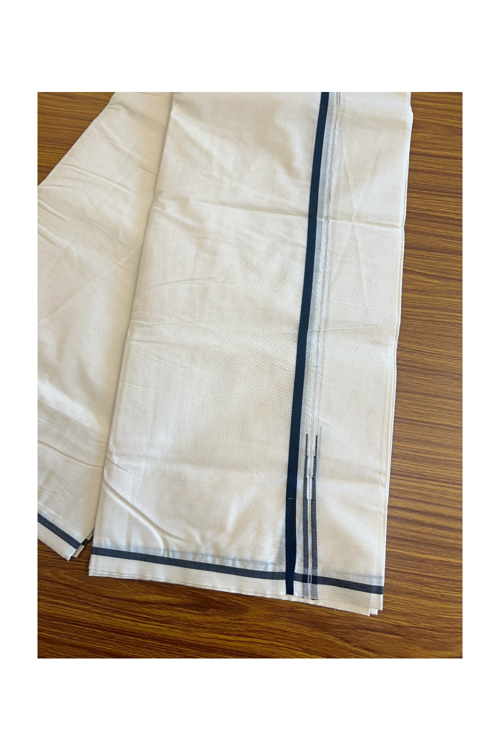 24% OFFER ! KaithariKada Balaramapuram 100% Cotton Double OFF WHITE (Unbleached) - Mundu/Dhoti-100x100  Puliyilakkara Chutty Black & SILVER Kasavu double chutty - 4KK88ASH