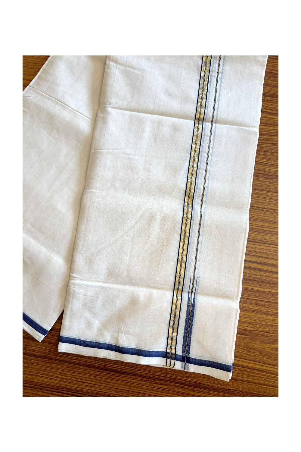 21% DISCOUNT!! KaithariKada HANDLOOM UNAKKUPAAV Balaramapuram - 100% PURE Cotton OFF White (Unbleached) Double Mundu/Dothi - Puliyilakkara kasavu Navy Blue chutty - 21KK403RAM.