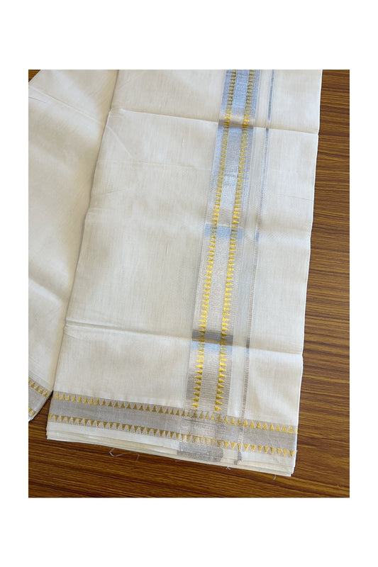 30% Discount!!! KaithariKada HANDLOOM UNAKKUPAAV Balaramapuram - 100% PURE Cotton off white (Unbleached) Double Mundu/Dhoti - 100x 100 - 2.5inch Gold Kasavu & Silver Kasavu Temple Design kara - 24KK5096YAR