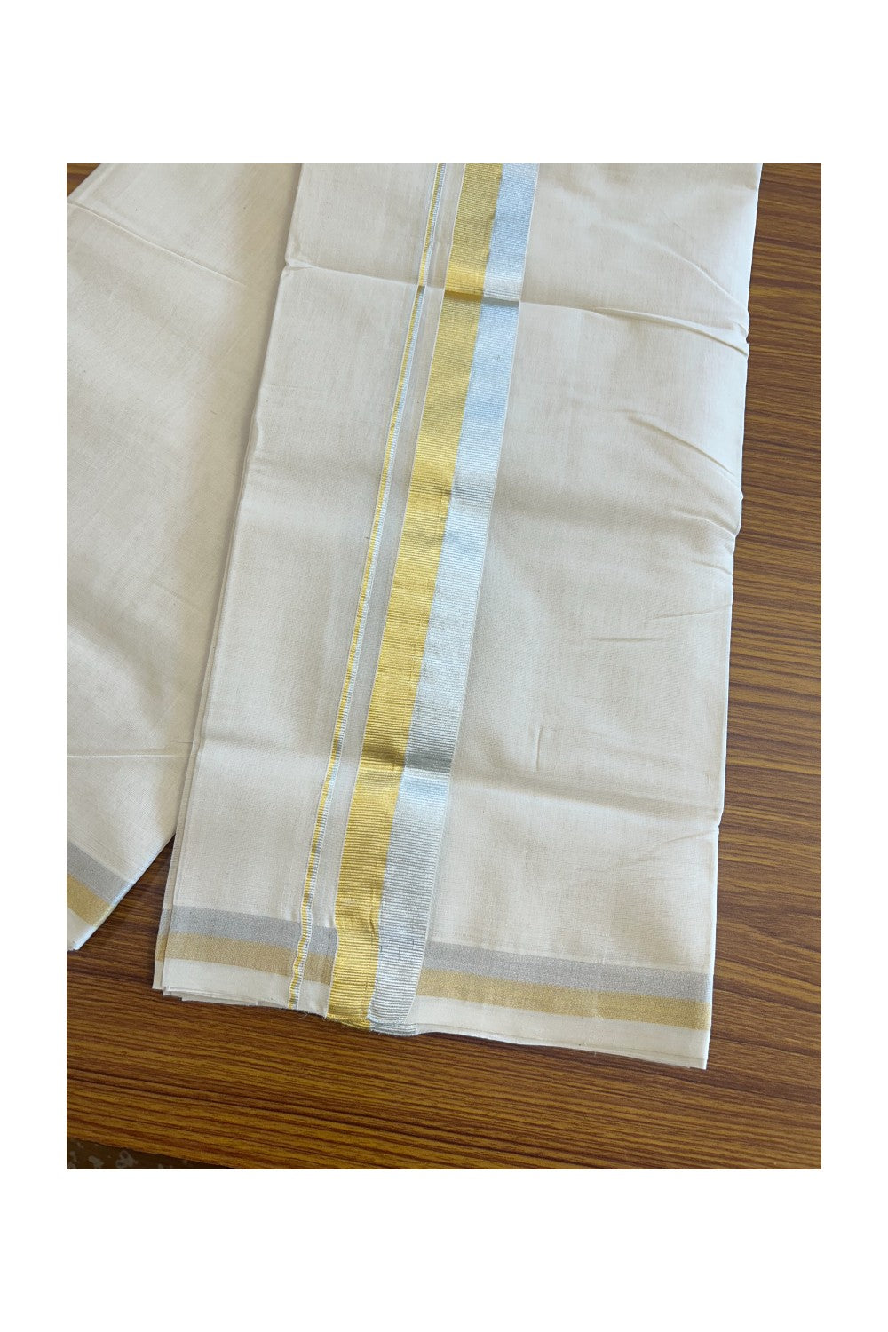 30% DISCOUNT ! KaithariKada HANDLOOM Millpaav Balaramapuram - 100% PURE Cotton Off White - (Unbleached) Double Mundu/Dhoti - 2.25 inch Gold Kasavu & Silver Kasavu Kara - 25KK5105RAM